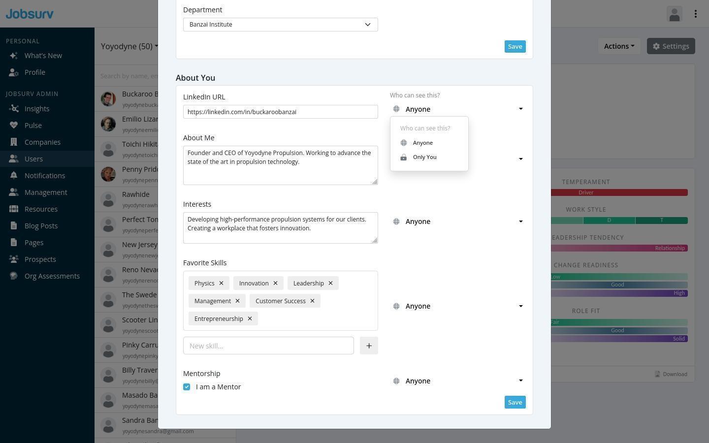 Jobsurv App: User Profile Settings page