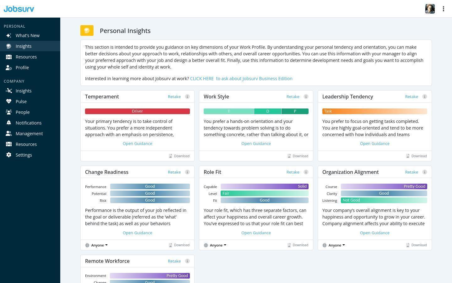 Jobsurv App: Personal Insights page