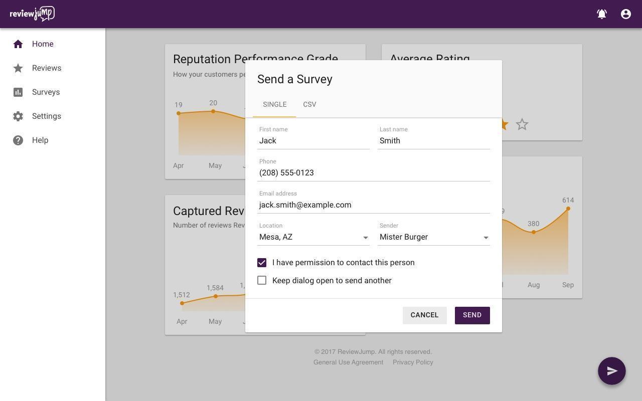 ReviewJump App: Send Survey modal